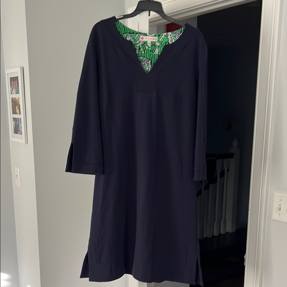 Navy Tunic Dress with Green Patterned Lining